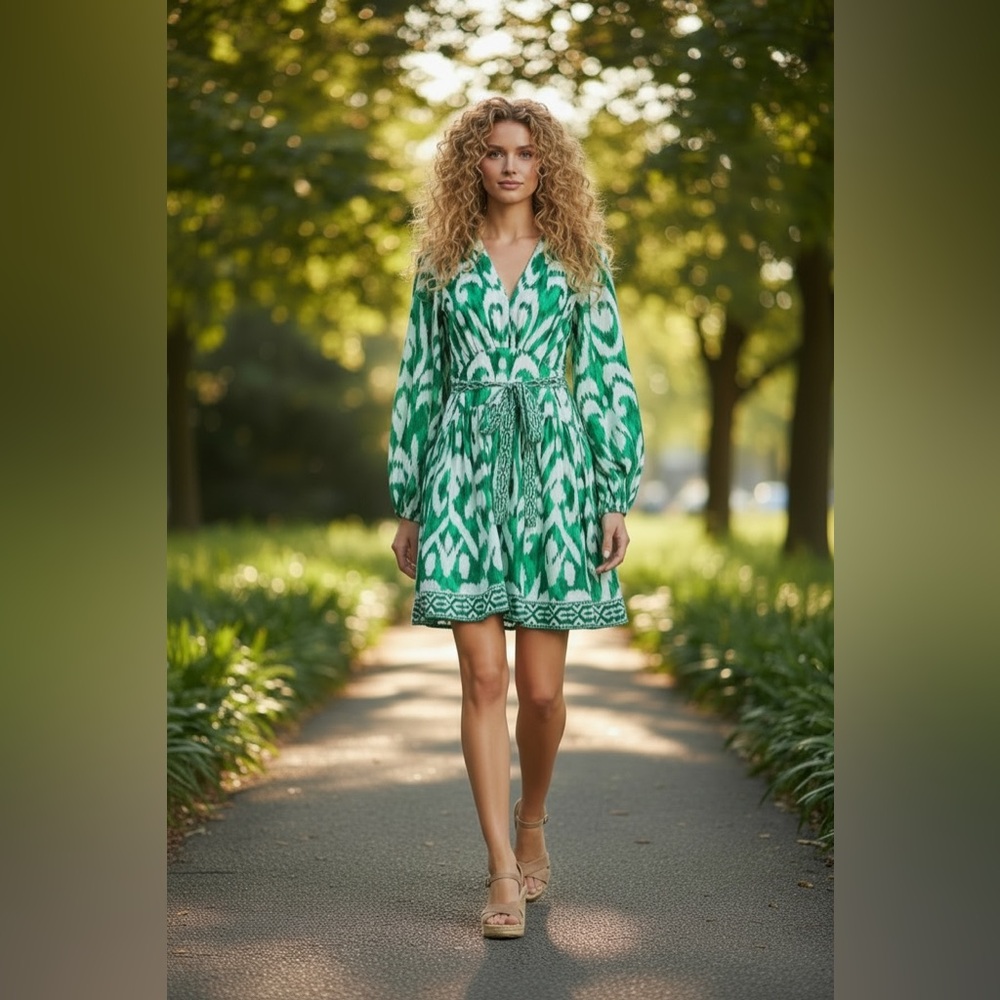 ALEX MARIE Renata Green White Ikat Print Boho Long Sleeve V Neck Dress Sz 12 NWT
